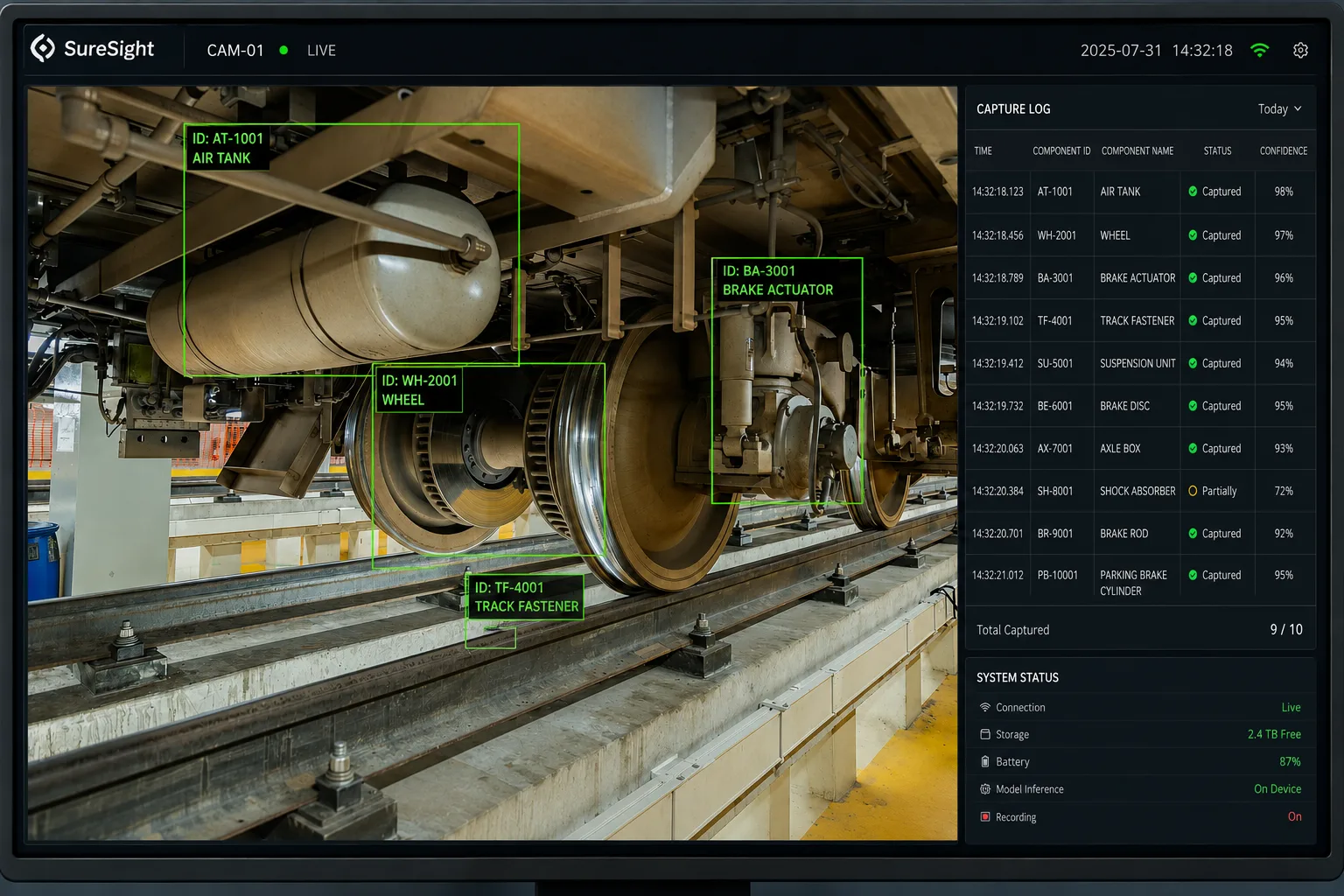 The SureSight live view — a train undercarriage with components boxed and identified in real time, beside a capture log listing each component's ID, status, and confidence score