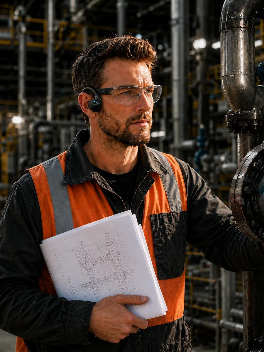 An inspector wearing a SureSight earpiece paired with safety glasses