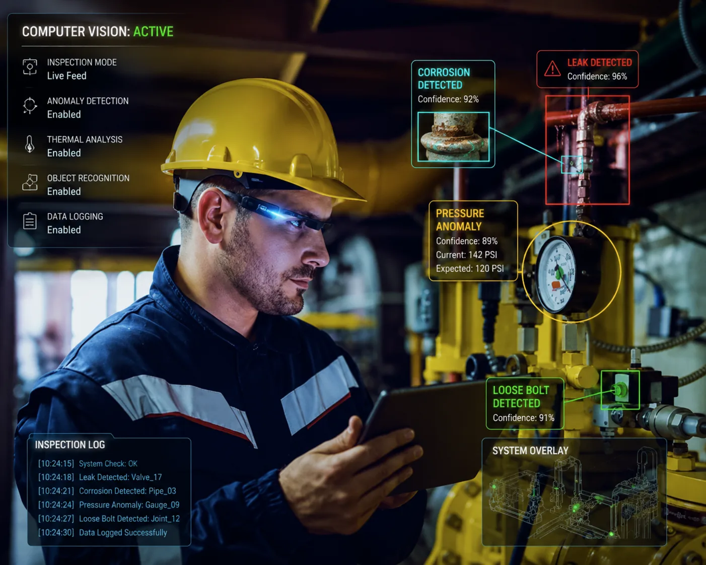 The same inspection seen through SureSight — computer vision flags a leak, corrosion, and a pressure anomaly in real time