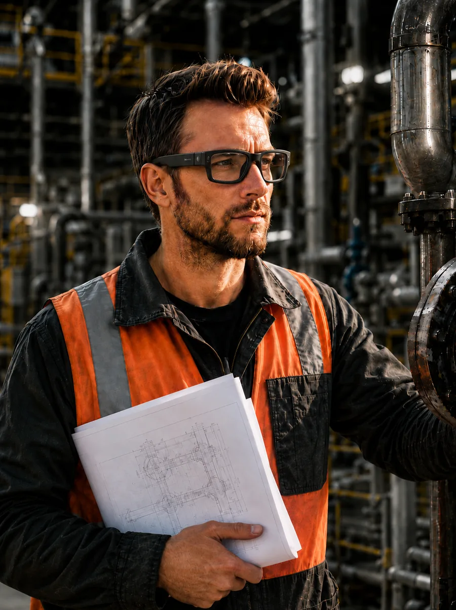 An inspector at a refinery wearing SureSight smart glasses with an integrated camera