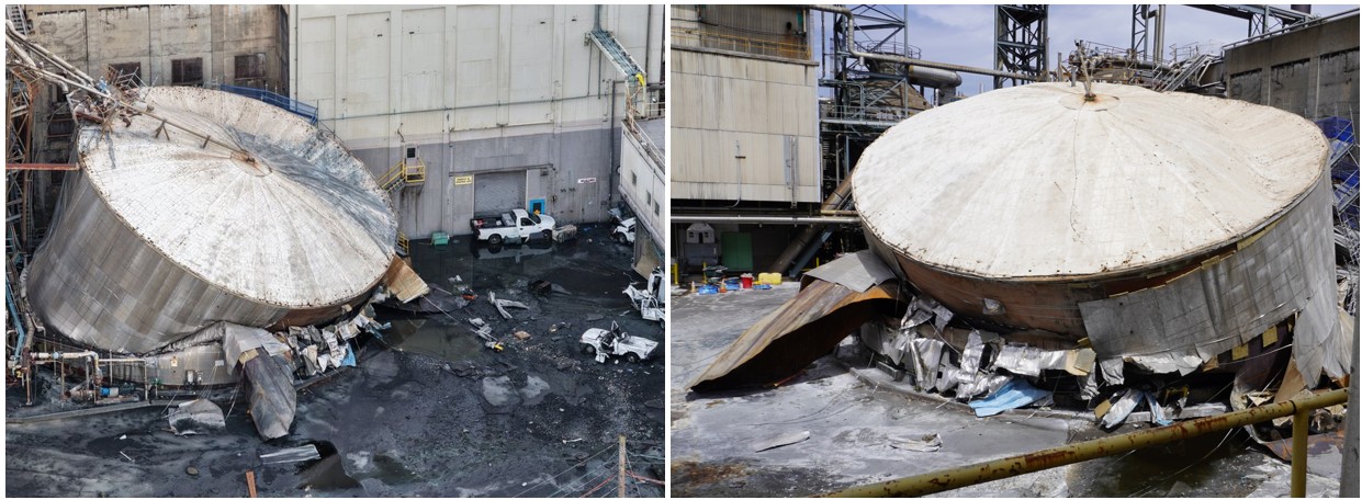 The failed white liquor storage tank at the Longview facility, its steel shell buckled and collapsed