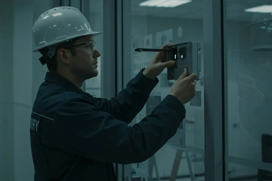 A worker in a hard hat inspecting a wall-mounted panel