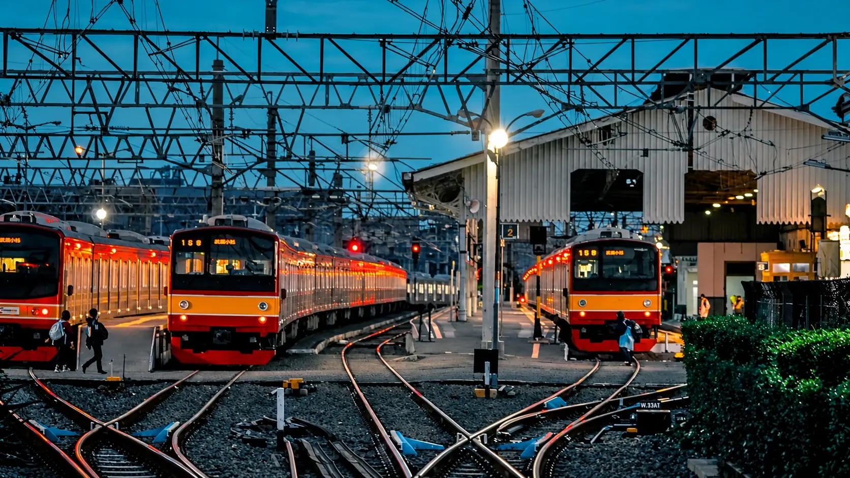 Commuter trains at a rail depot at dusk, under overhead wires and gantries, with switches in the foreground