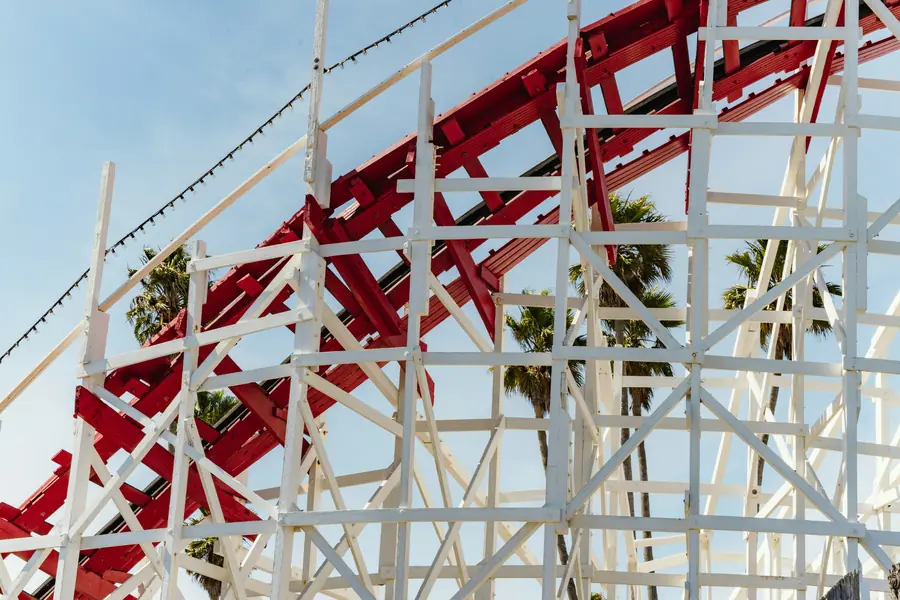 A roller coaster's steel track and support structure against the sky